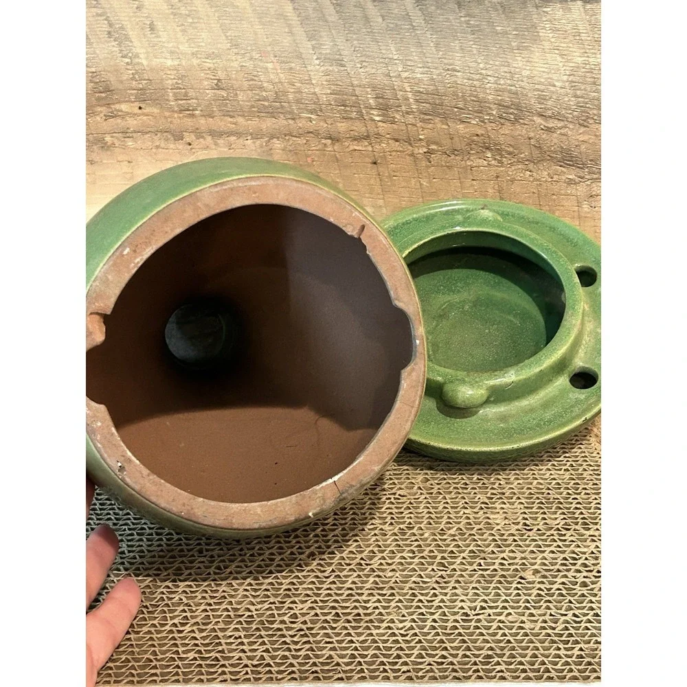 Ceramic Vase Pot Attached Drip Plate Green Glaze Vintage Terra Beautiful‎